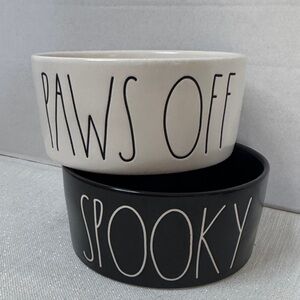 Rae Dunn 2 pet bowls set “paws off” &  “spooky” white and black 6x6x1.5” NWOT